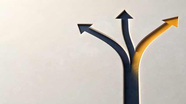 Strategic decision making concept with one distinct yellow arrow diverging from dark paths symbolizing choice and business direction