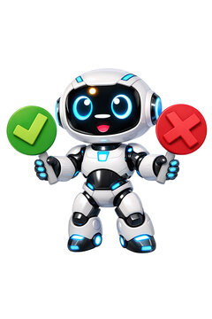 Cute 3D Robot Assistant Holding Green Check Mark and Red Cross Signs for AI Decision Making, Right or Wrong and Verification Concepts. Isolated on Transparent Background.