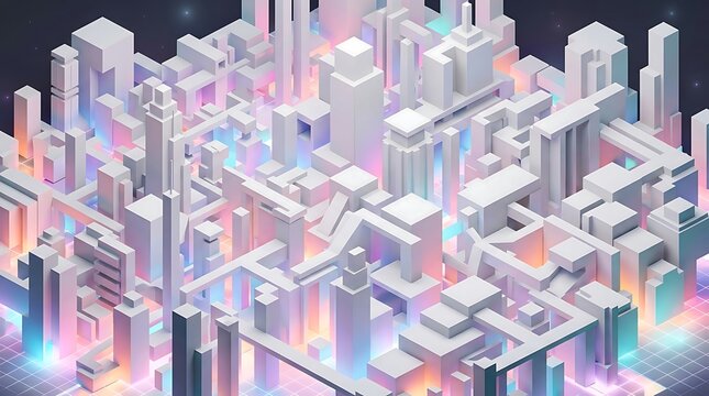 Isometric Geometric Abstract Cityscape Background with Neon Lights