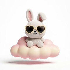 Fototapeta premium Cute cartoon rabbit with heart sunglasses sitting on cloud