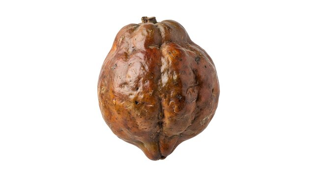 Single ripe Jocote de Fraile fruit isolated on white background, exotic tropical fruit with textured brown skin, studio shot, high resolution