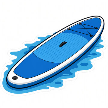 Blue and White Inflatable Stand Up Paddleboard Floating on Calm Water Waves, Vector Illustration of SUP Board for Summer Water Sports and Outdoor Recreation Isolated on White