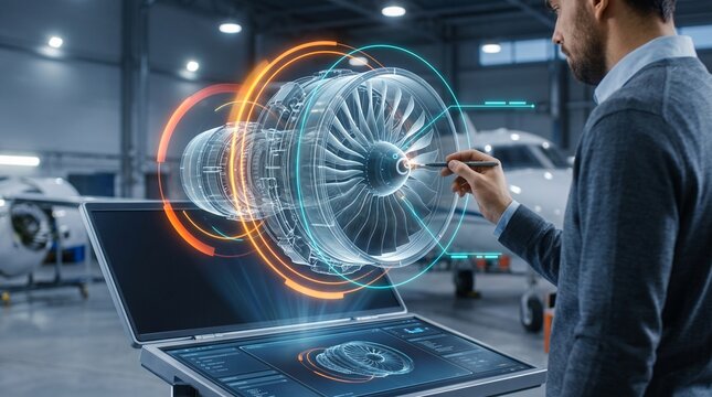 Aerospace engineer designing and inspecting jet engine turbine with glowing holographic 3D interface in aircraft hangar