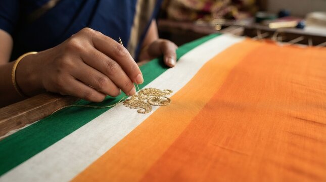 Person hands embroidering gold pattern on fabric