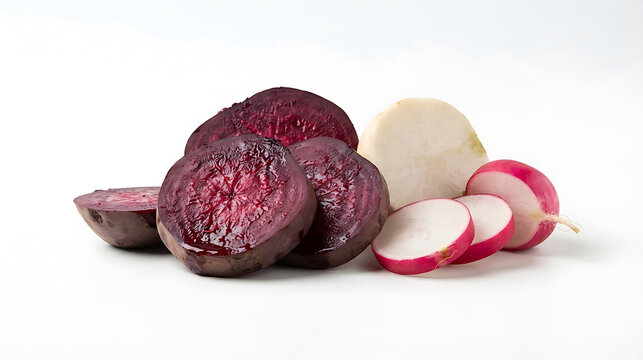 Sliced beetroot and radish arranged on a clean white background