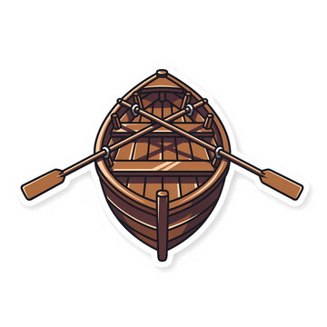 Detailed Wooden Rowboat Illustration with Crossed Oars, Top View Nautical Sticker Style Isolated on White Background for Adventure, Fishing, and Outdoor Recreation Design Elements