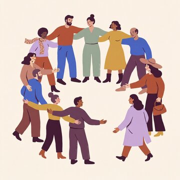 Diverse group of people welcoming a newcomer into an open circle, modern editorial vector illustration of social inclusion, community support, and belonging