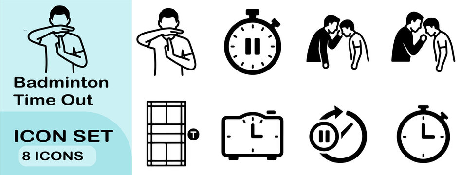 Badminton time out icons set featuring referee signals and game clock illustration style.