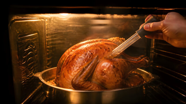 Roast turkey being probed inside oven glowing golden brown kitchen setting