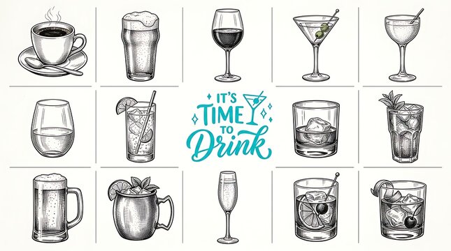 Drinks vector set hand drawn sketch illustration of various beverages cocktails beer wine coffee and typography