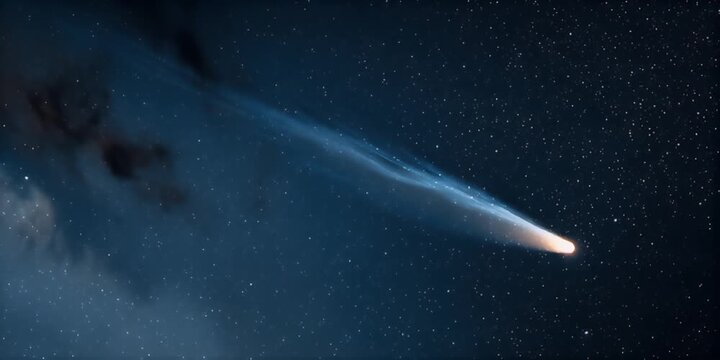 Fiery object streaks across a star-filled night sky, leaving a luminous trail