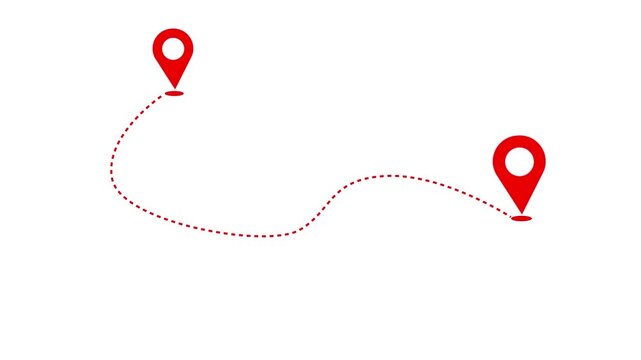 Red location pins connected by dotted line on white background