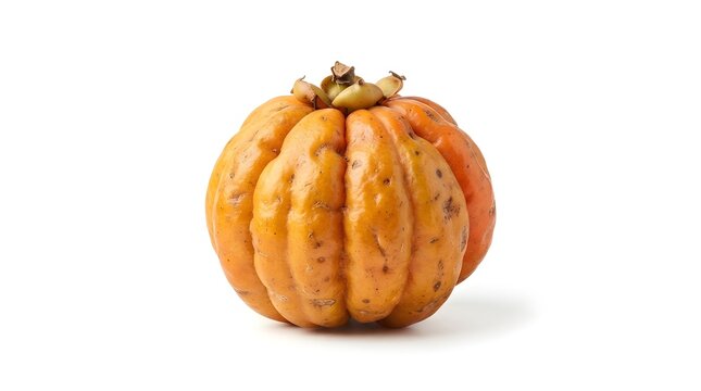 Single ripe Garcinia humilis fruit, also known as achachairu, isolated on a clean white background, high quality studio food photography.