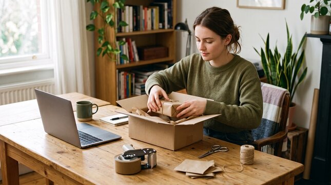 Young woman carefully packing a gift box with brown paper and twine on a wooden desk with a laptop