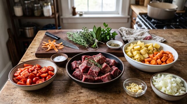 Ingredients for beef stew, beef chunks, potatoes, carrots, onions, garlic, tomatoes and fresh herbs, organized preparation scene