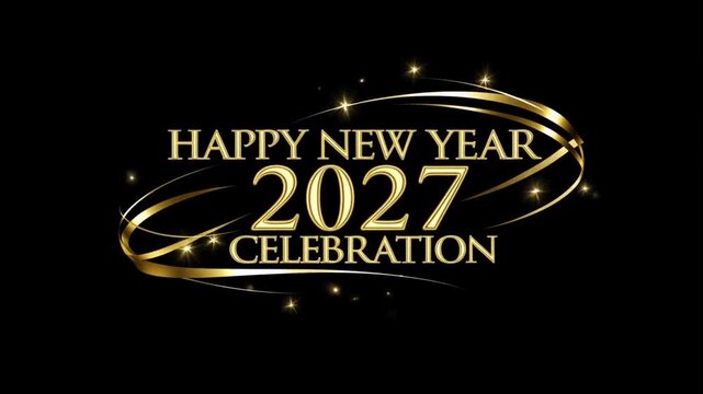 Happy New Year 2027 luxury background with bold 3D golden numbers, fireworks and sparkling lights on dark blue night sky