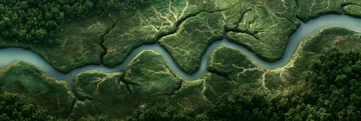 Winding River Through Dense Green Forest in Aerial Nature Landscape © Jonas Weinitschke