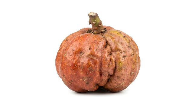 Single ripe Ficus racemosa fruit isolated on white background, cluster fig or gular fruit with textured skin, studio shot for botanical study