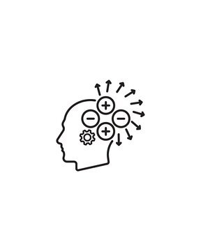 Pros and cons mindset icon, human head with plus and minus symbols, gear and arrows, decision making concept