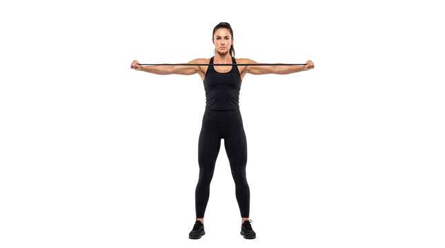 Athletic woman training with resistance band, fitness model performing chest pull exercise, strength training workout for upper body isolated PNG with Transparent Background