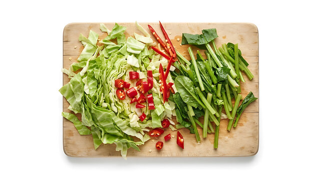 Chopped cabbage and red chili peppers on a wooden cutting board
