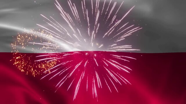  Poland flag waving and rippling with white red bands as fireworks explode behind, seamless loop realistic fabric cloth animation on dark night sky background, patriotic independence celebration wallp