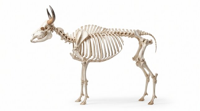 Banteng  skeleton illustration showing the anatomical bone structure of a horned ruminant mammal on white background.