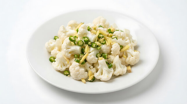Fresh cauliflower florets with green chili and ginger on a white plate