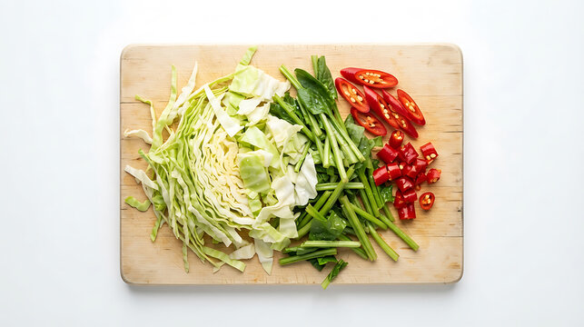 Sliced cabbage spinach and red chili on a wooden cutting board