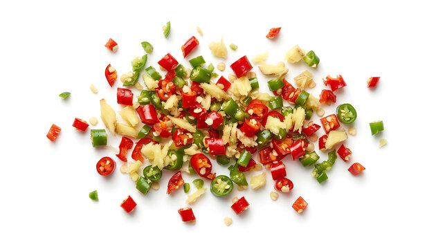 Chopped red and green chili peppers with ginger on a white background