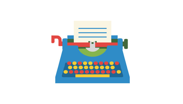 Vintage style blue typewriter with colorful keys and a blank white paper ready for creative writing projects.