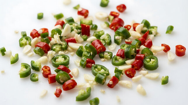 Chopped red and green chili peppers with garlic cloves on white