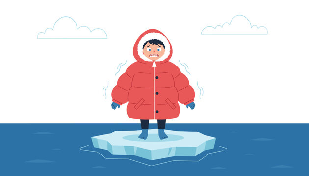 Cold person wearing a large red winter jacket shivering while standing on a small melting ice floe in the ocean.