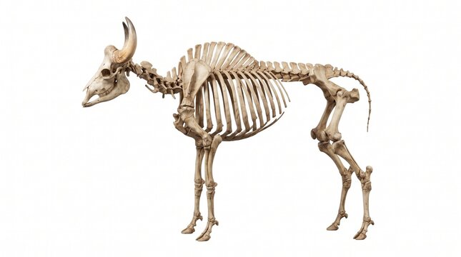 Gaur skeleton in standing pose displayed against a clean white background showcases the anatomical structure and bone formation.