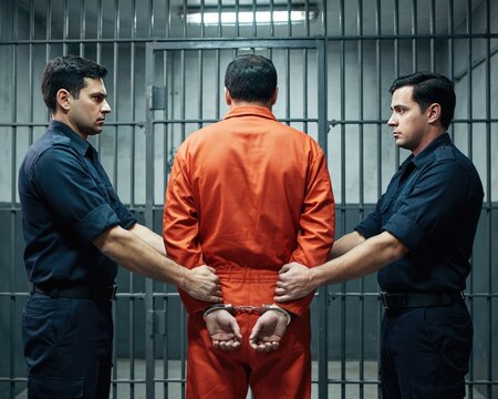 Two police officers escorting a prisoner in an orange jumpsuit in front of metal prison bars