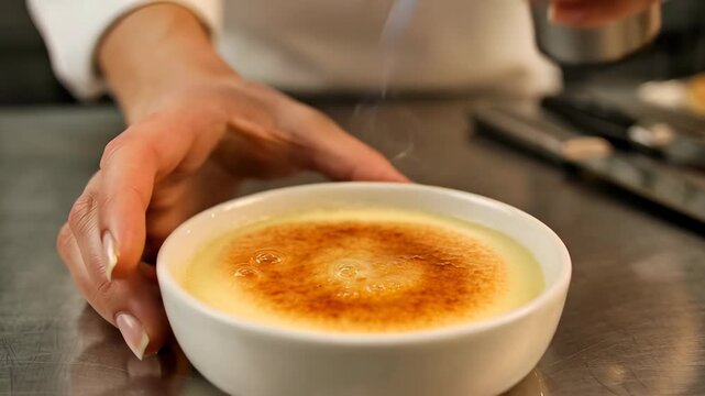 Chef caramelizes sugar topping on creme brulee dessert with a kitchen torch