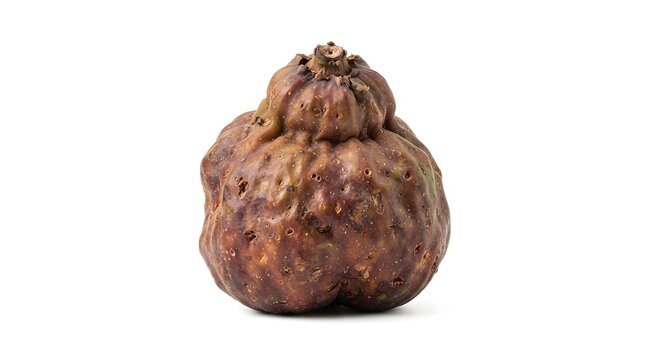 Single ripe organic fig fruit with unique deformed shape isolated on white background, high resolution studio photography of exotic fresh produce