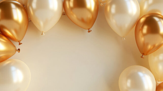Shiny metallic gold and matte cream balloons arranged in a decorative border frame, elegant party invitation or holiday greeting card background, with copy space