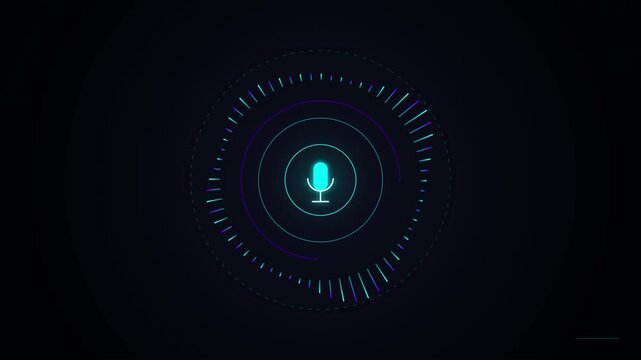 Futuristic neon microphone icon with digital sound wave equalizer circles on dark background, representing AI voice assistant technology, podcasting, and smart sound recognition systems