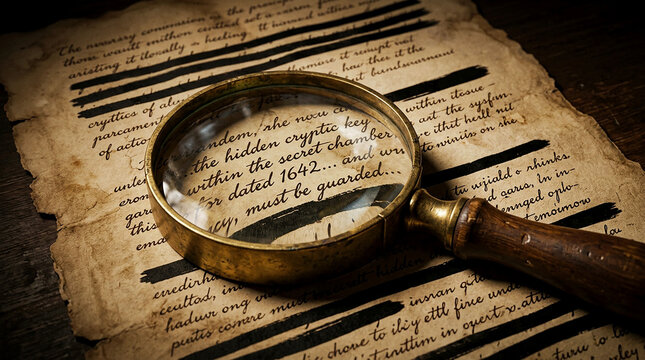 Vintage magnifying glass on aged parchment paper with mysterious old script and redacted text historical investigation and secret document concept