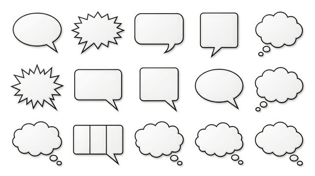 A clean set of empty, white comic book speech bubbles and thought clouds, isolated on a stark white background for easy graphic design use, layout, cloud, speech bubble