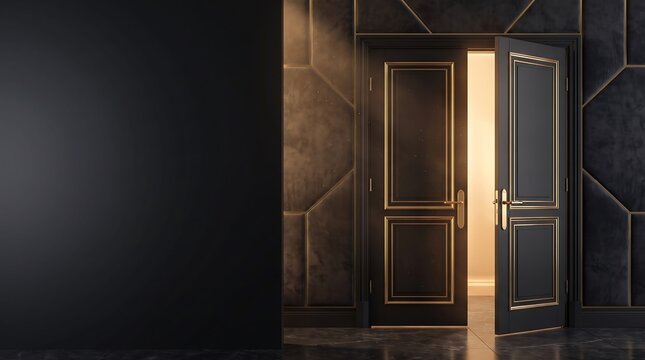 Open black door revealing bright warm light in a dark modern room