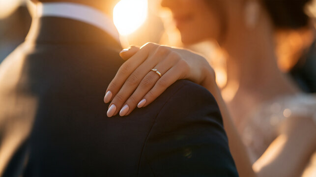 Faceless happy couple, romantic wedding photo, couple in love concept, with copy space