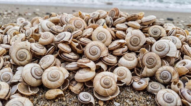 Pile of spiral snail shells on a sandy beach shore