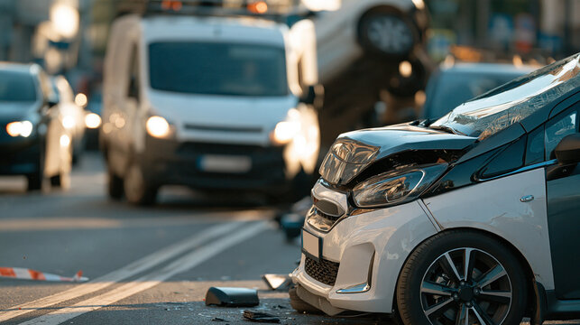 Urban traffic accident scene featuring a damaged electric car and a commercial van overturned on its side, dramatic street collision, with copy space