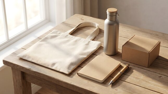 Blank Eco Friendly Promotional Merchandise Mockup with Reusable Products and Natural Lifestyle