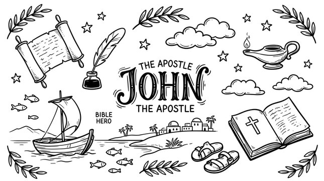 Apostle John Bible Story Hand Drawn Illustration Set