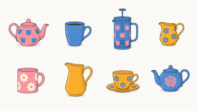 Colorful floral patterned tea set with various tea and coffee makers isolated