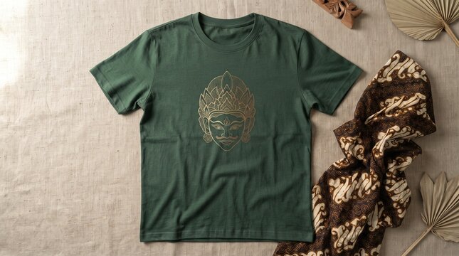 Green T Shirt with Traditional Wayang Mask Graphic Design