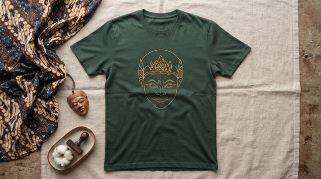 Forest Green T Shirt with Traditional Javanese Wayang Mask Print